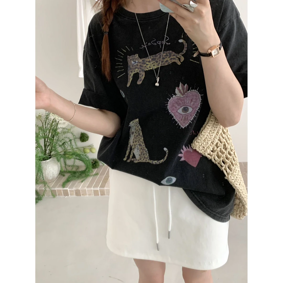 【主播推荐】女士夏季豹子炒色印花圆领短袖12269