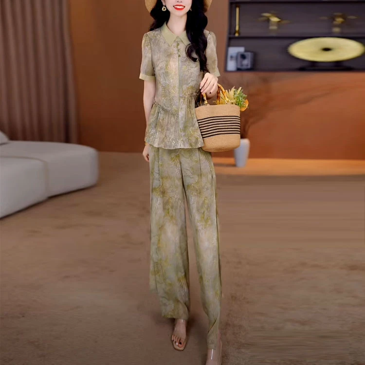 云锦丝洋气优雅阔腿裤套装女2025夏季新款上衣裤子气质修身两件套