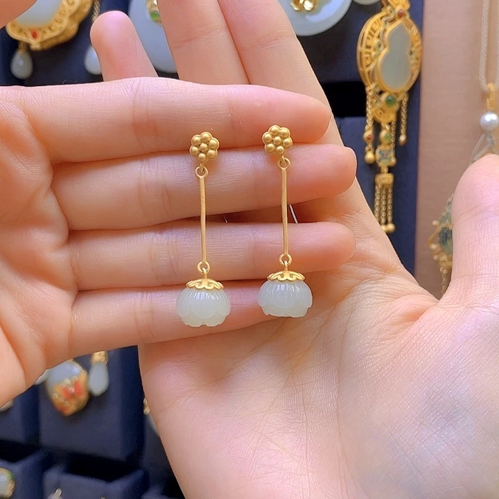 和田玉银S925镀金镶嵌耳饰