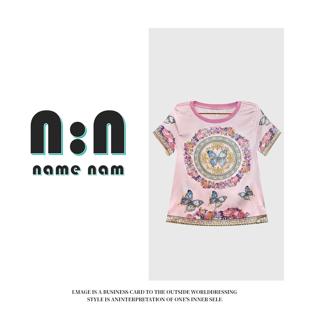 【楠姐奢品】‘’庄周梦蝶“ 烫钻印花桑蚕丝上衣 宫廷风欧货T恤女夏季