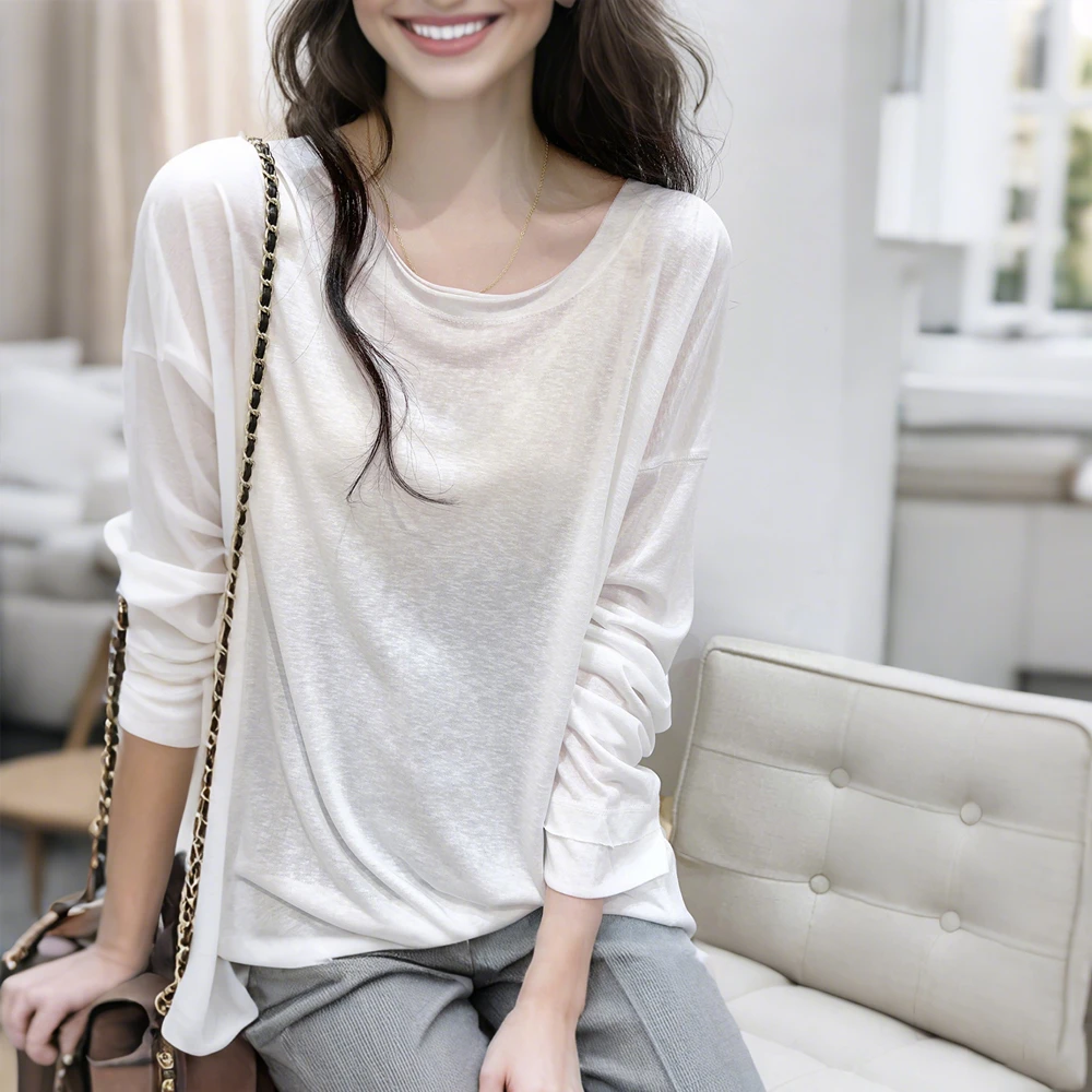 白色雪花棉圆领T恤女夏季新款毛边设计慵懒宽松薄款长袖体恤上衣