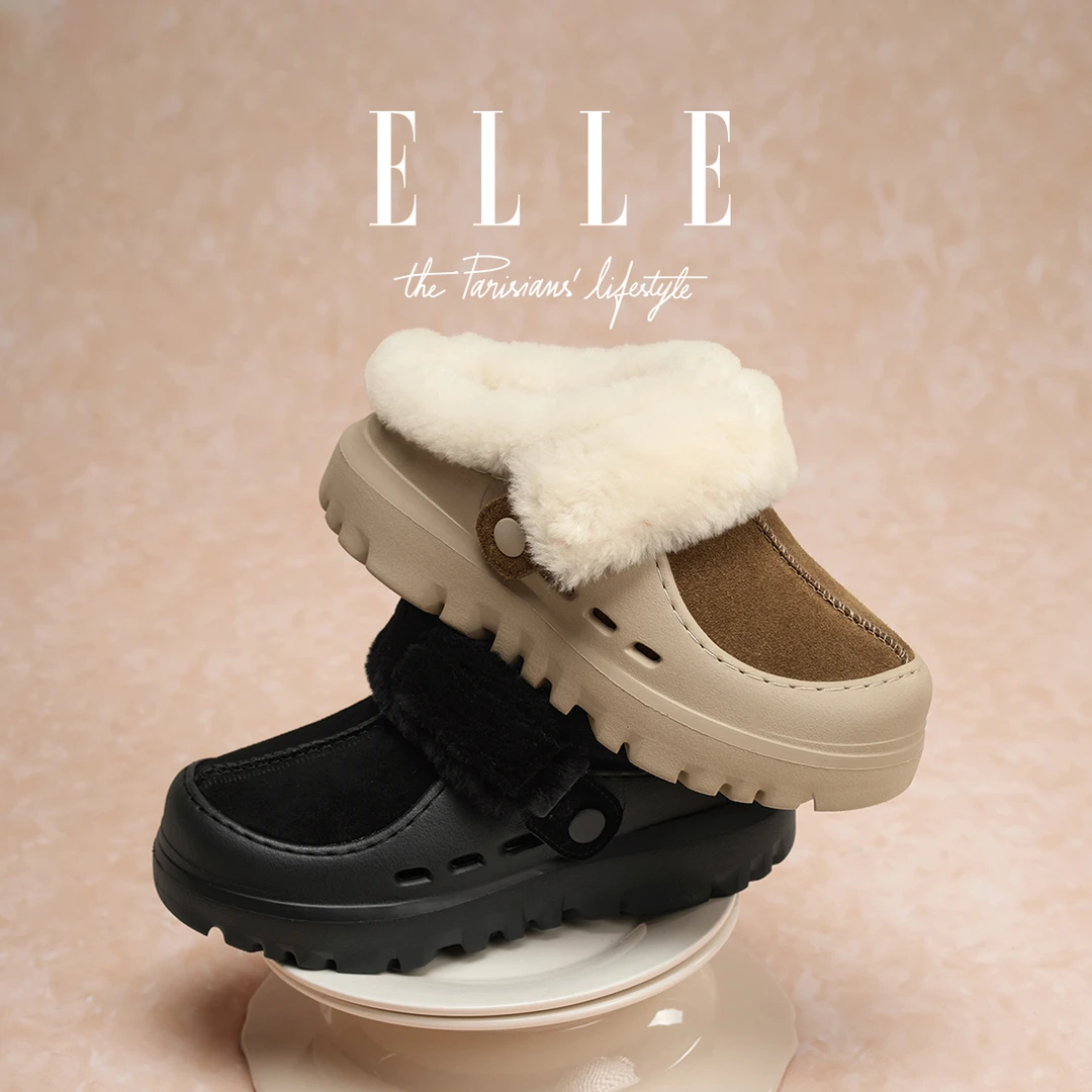 ELLE上口羊毛两穿毛绒勃肯鞋女冬季外穿加绒保暖棉拖鞋毛毛雪地靴