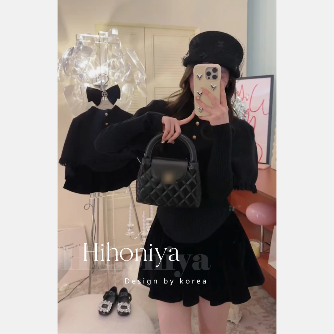 现【大小姐】Hihoniya~2023秋冬高级黑打底流苏斗篷针织亲子套装