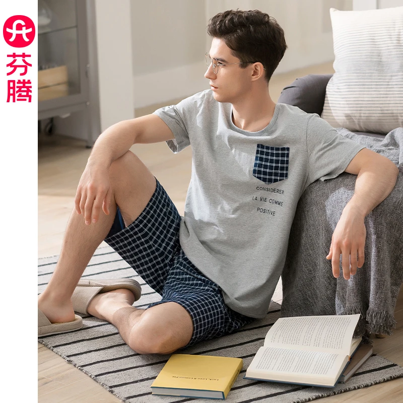 芬腾夏天睡衣男款夏季纯棉短袖短裤大码夏款薄款可外穿家居服套装