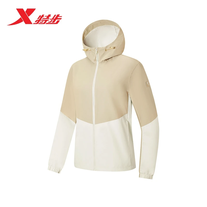 特步双层风衣女2025春新款连帽开衫拼接百搭运动外套975128150066