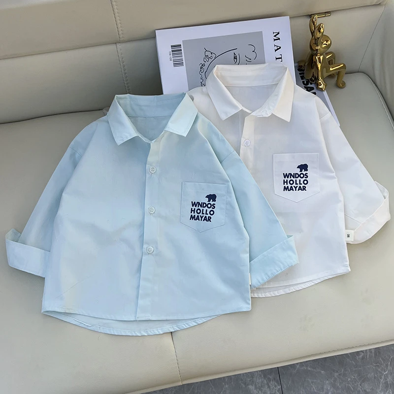 男童春秋纯色衬衫2025新款宝宝洋气上衣儿童韩版休闲小童翻领上衣