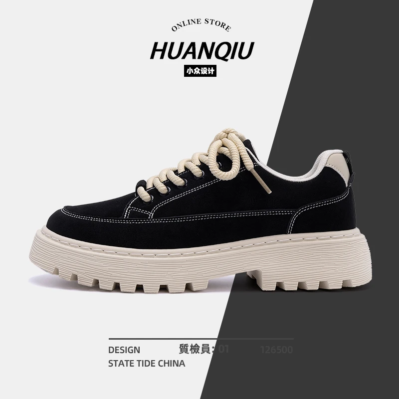 环球2025春季时尚男士运动休闲百搭小众厚底低帮复古黑色英伦潮鞋