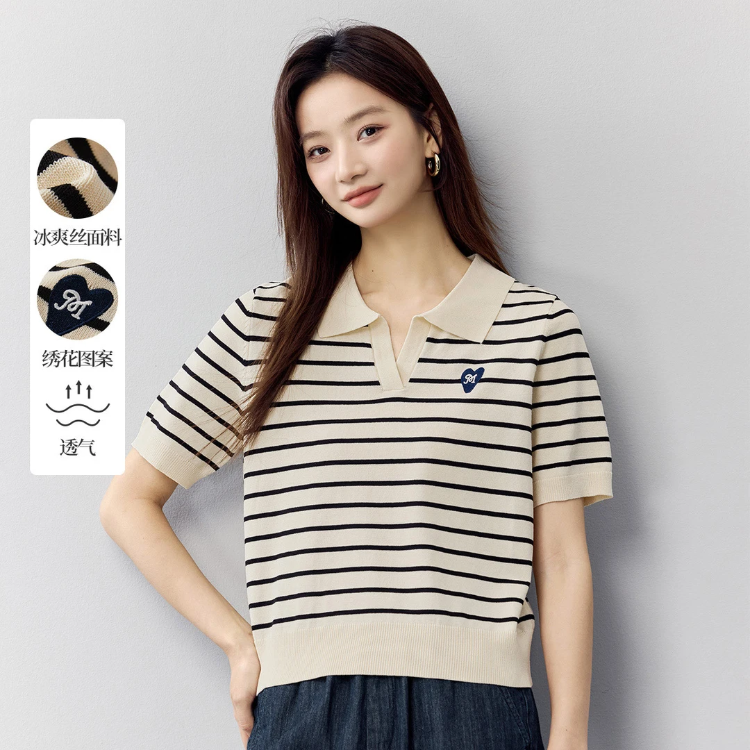 茵曼2025夏季新款女毛针织衫上衣短袖条纹宽松薄款POLO套头时尚