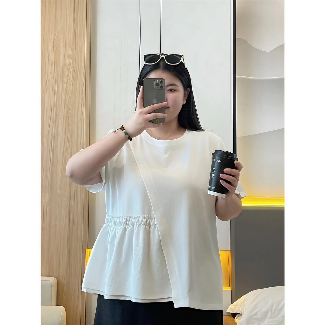 薄荷微光 / 冰氧棉设计款拼接短袖T 15253花契大码200斤胖mm简约