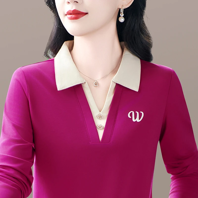 长袖t恤女士春秋装2025新款v领polo衫上衣翻领t恤洋气妈妈装大码