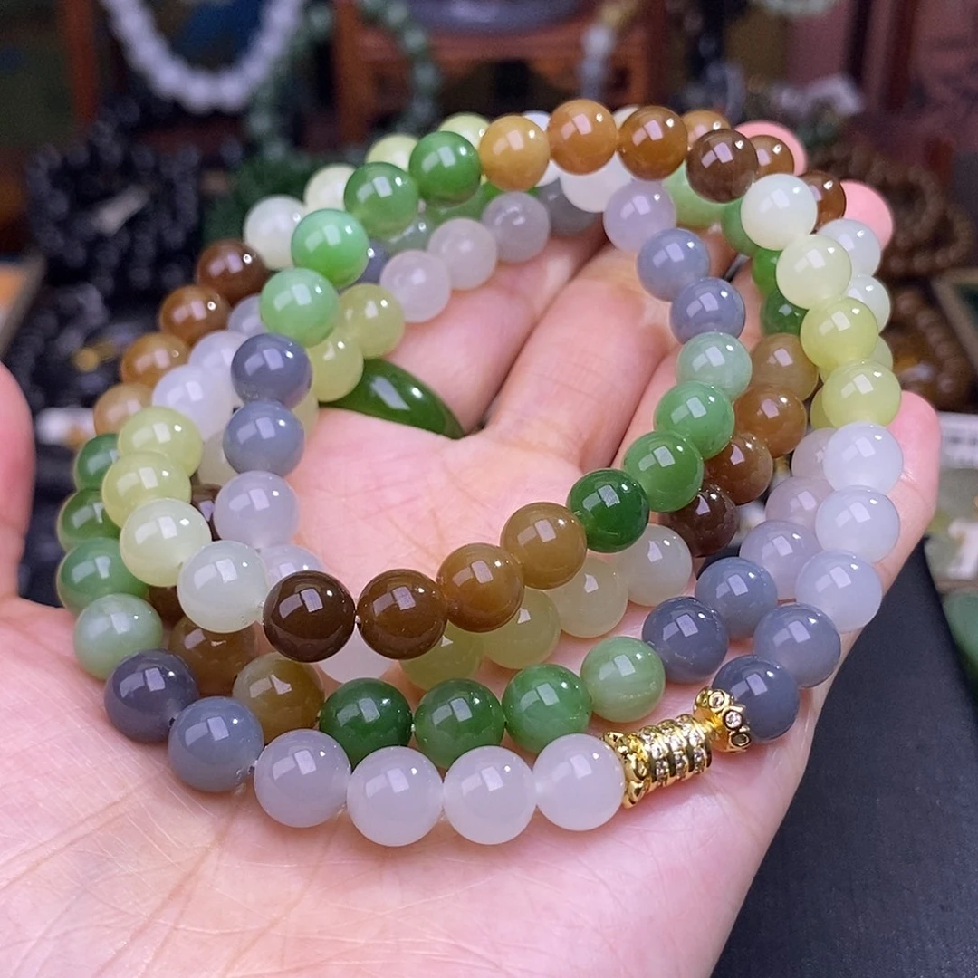 和田玉未镶嵌颈饰老矿料多宝佛珠链8m