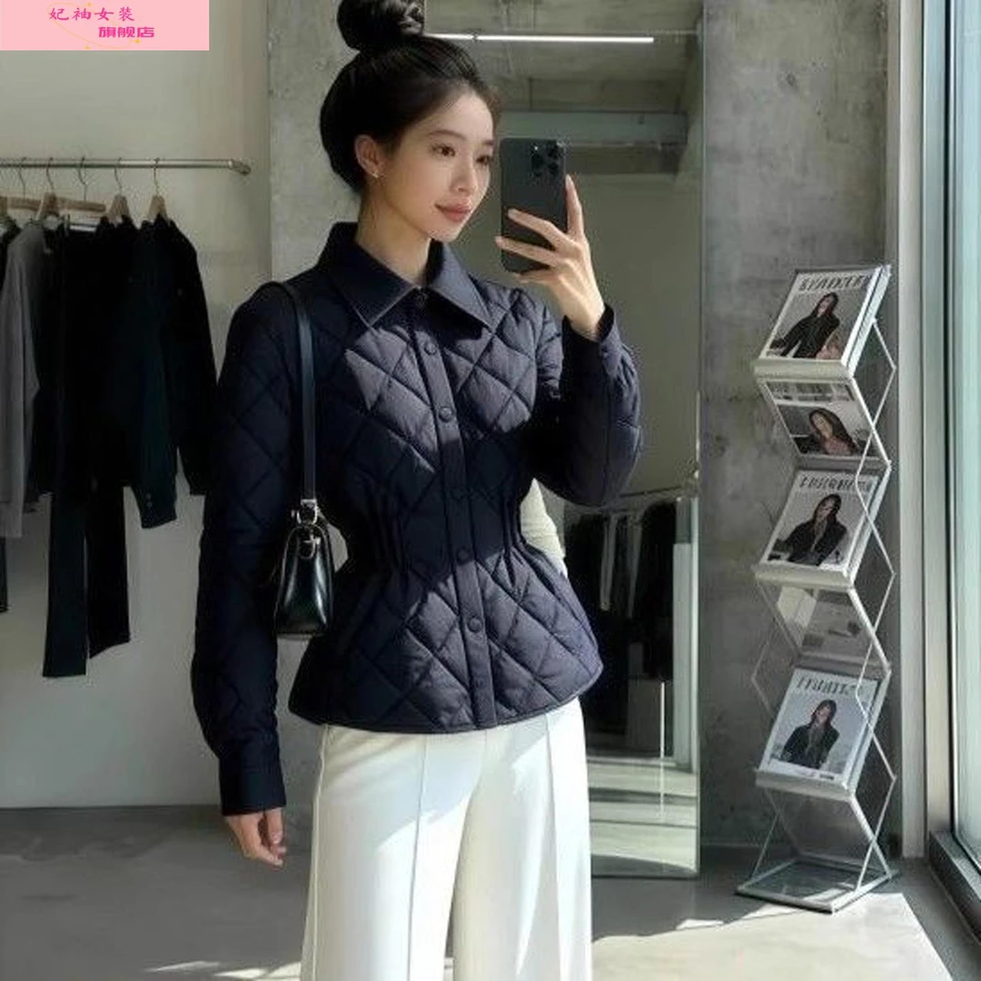 妃袖法式覆古菱格翻领服女2025冬季新款韩版时尚宽松保暖棉衣外套