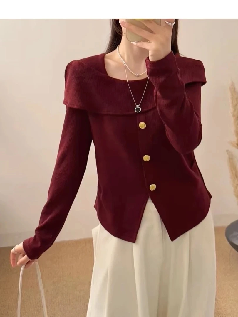 薇莎6602【现货】春款气质拉肩排扣长袖T恤女