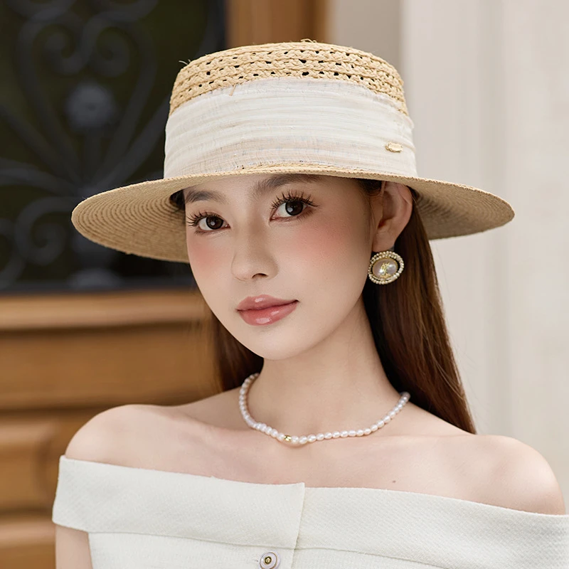 时尚复古平沿帽女夏天舒适拉菲草草帽户外遮阳帽子夏季百搭沙滩帽