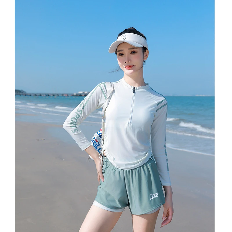 女士分体长袖运动休闲少女保守户外度假温泉泳衣显瘦大码沙滩海边