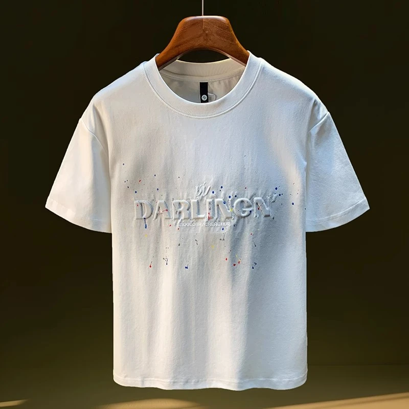Cebrodz白色t恤男短袖2025新款夏季潮流字母压印点漆宽松半袖上衣