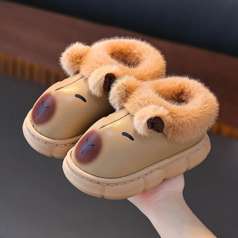 卡皮巴拉棉鞋儿童棉拖鞋冬季男童EVA室内皮面防水中大童小孩童鞋