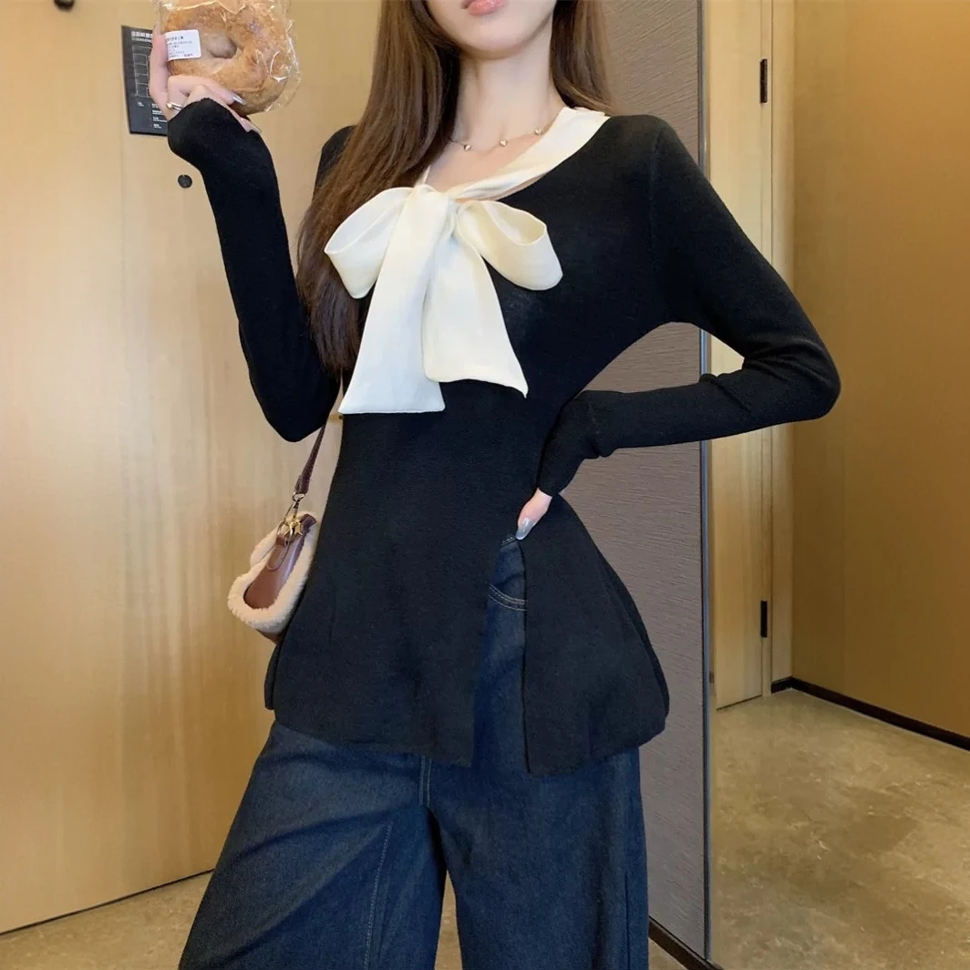 【晨浠定制】新款时尚百搭蝴蝶结针织上衣两色3267