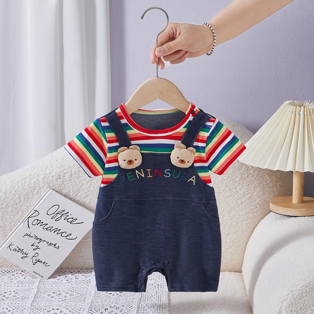 夏季薄款童装短袖婴儿衣服彩虹小熊宝宝连体衣假两件外出爬服哈衣
