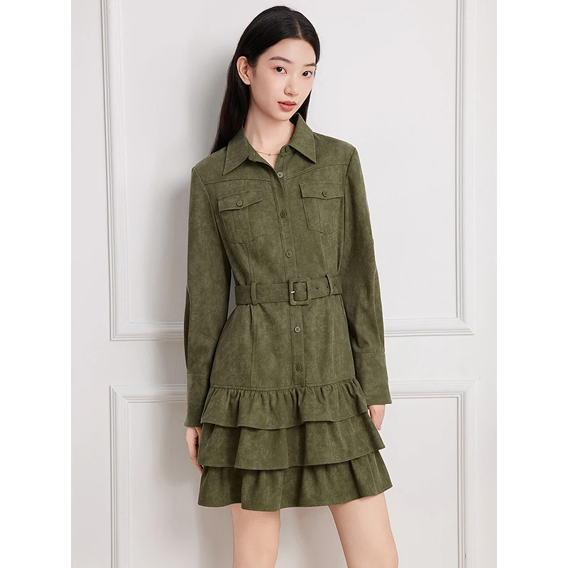 Goodland美地女装2025秋季新款莱赛尔显白苔藓绿连衣裙LC35505010