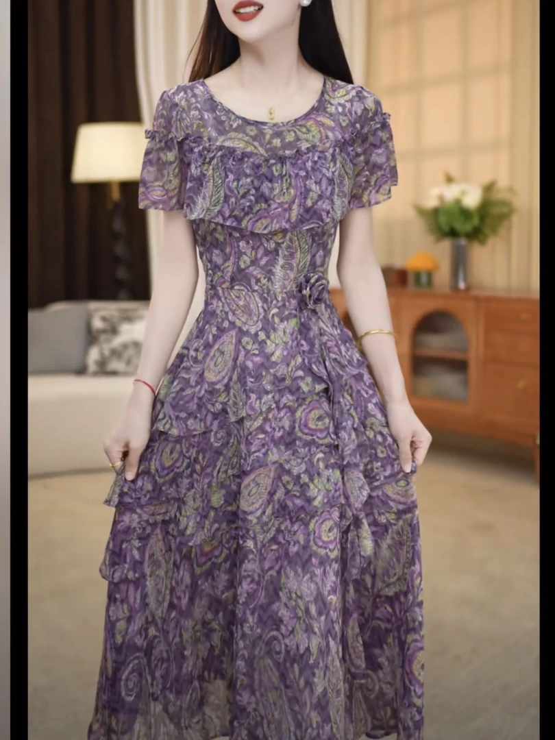 【连衣裙】2025夏季新款圆领时尚花色设计感洋气收腰中长款连衣裙