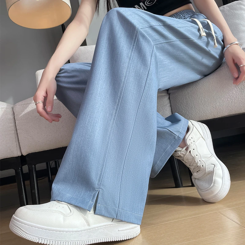 冰丝软牛仔窄版阔腿裤女薄款九分小个子垂感直筒侧开叉裤子春夏季