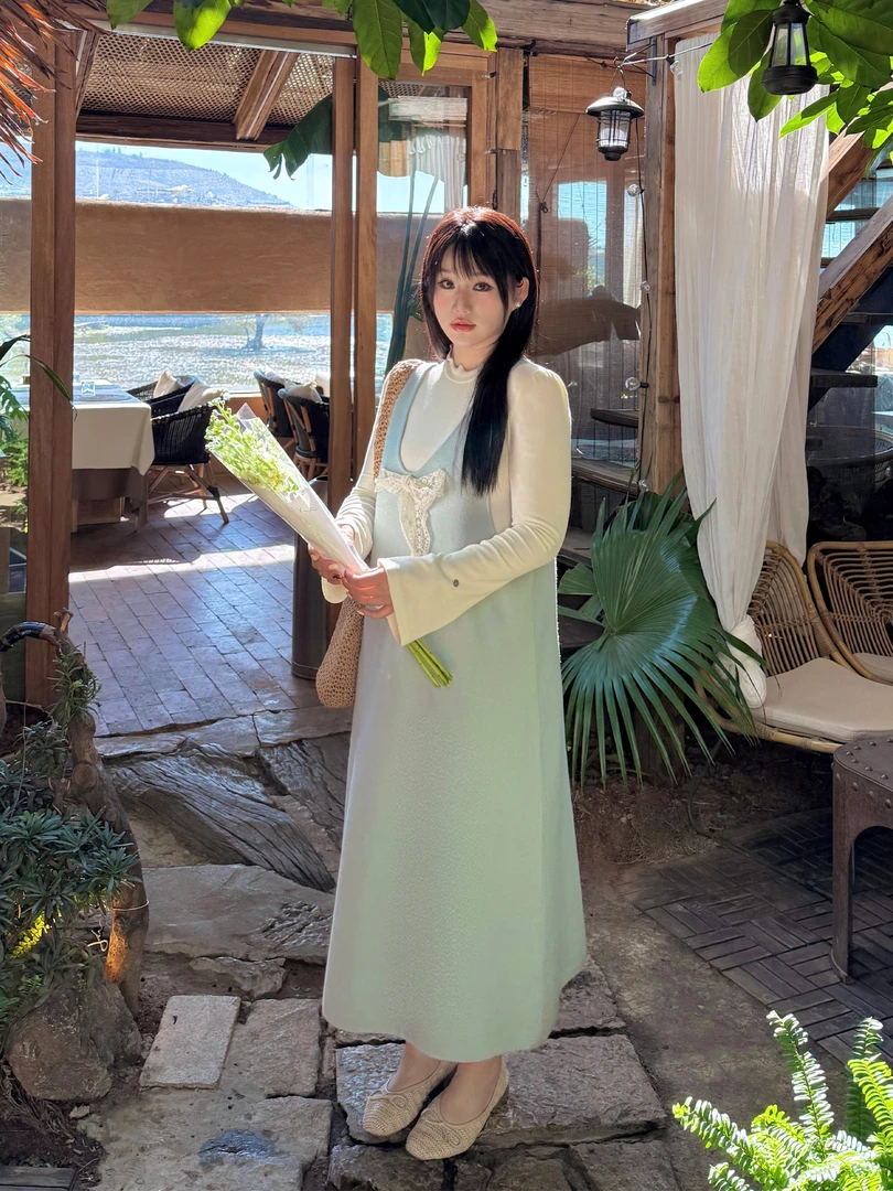 月半鱼现货【奶油蓝针】甜美风蝴蝶结针织蓝色背心裙显瘦宽松长裙