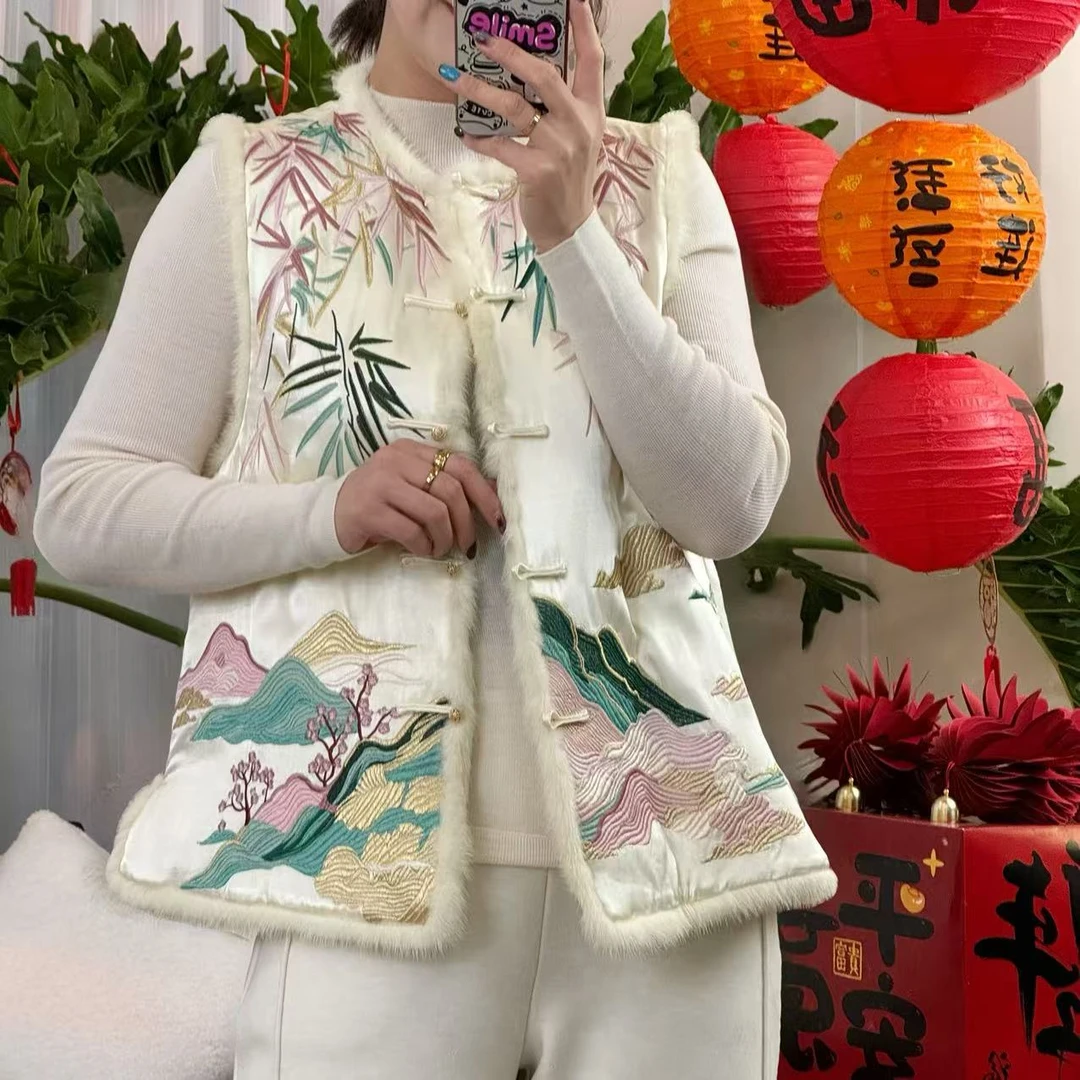 麦麦定制新中式重工竹子刺绣水貂毛领无袖马甲