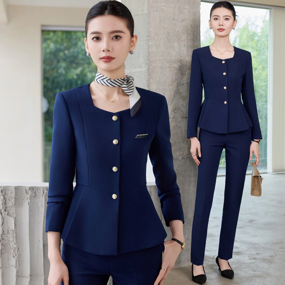 蓝色西装套装女春秋高档酒店前台经理气质职业装珠宝店导购工作服