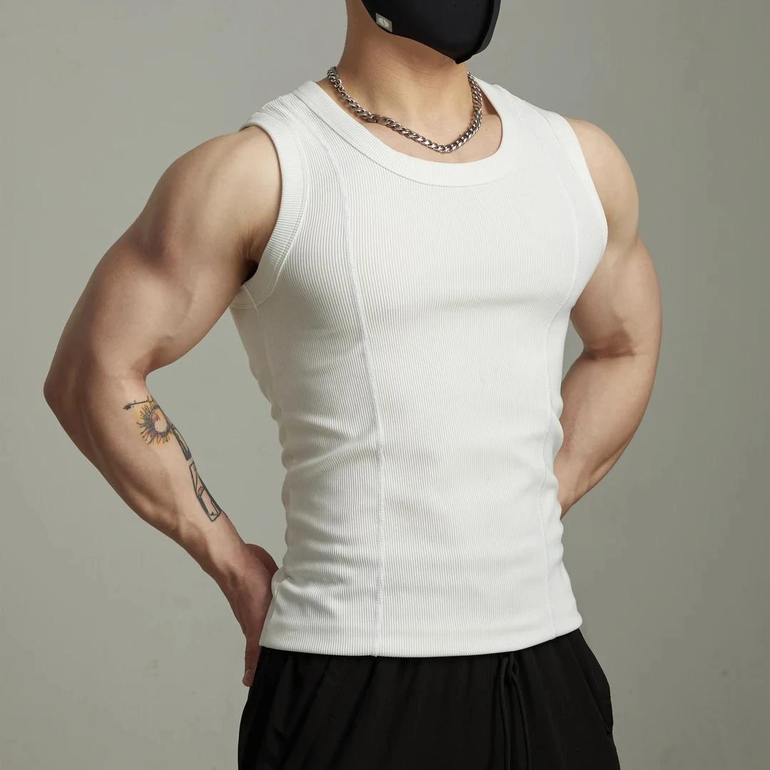 重磅280g无袖条纹背心男速干修身宽肩运动休闲健身训练坎肩t恤夏