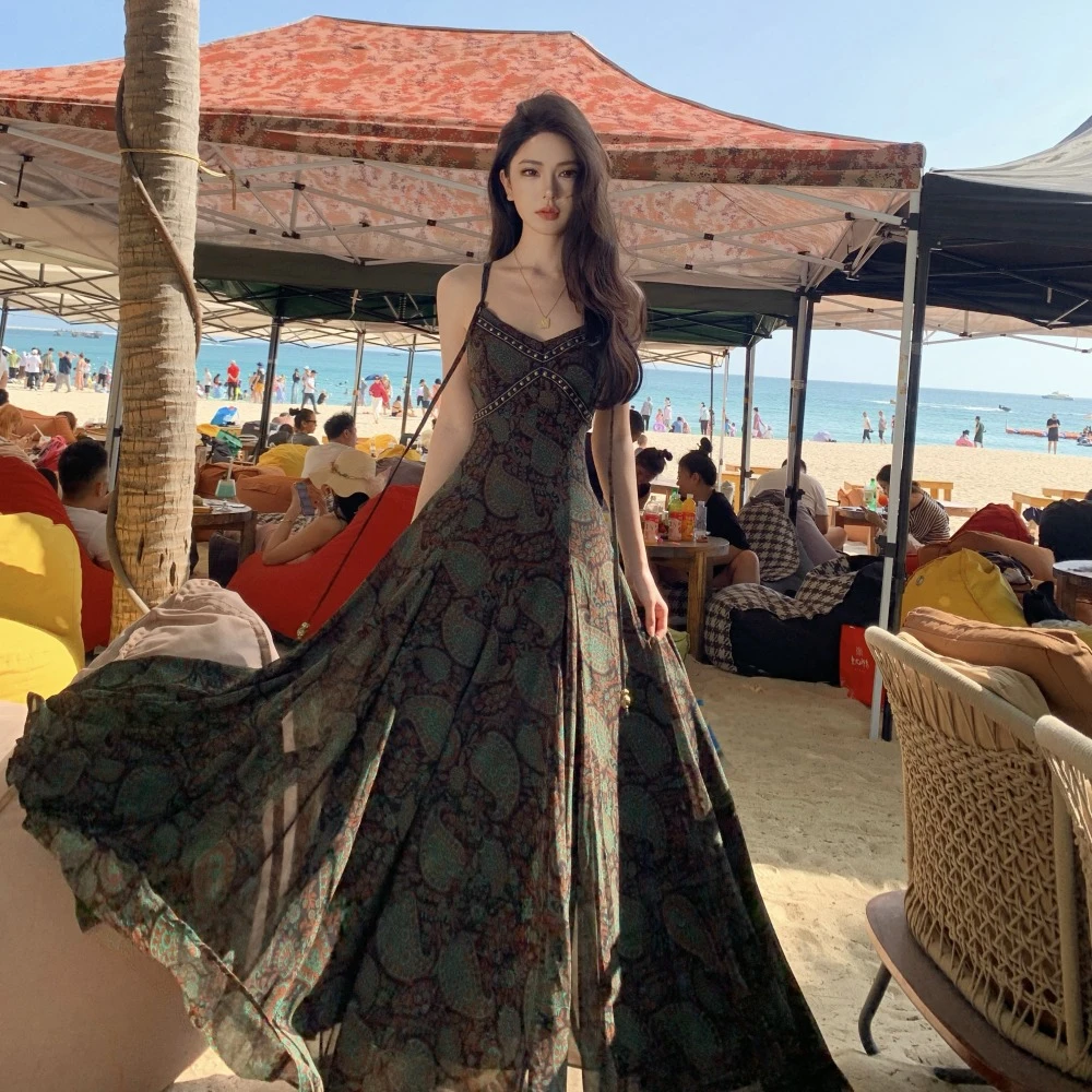 泰国云南波西米亚度假风连衣裙异域风印花吊带长裙碎花露背裙5227