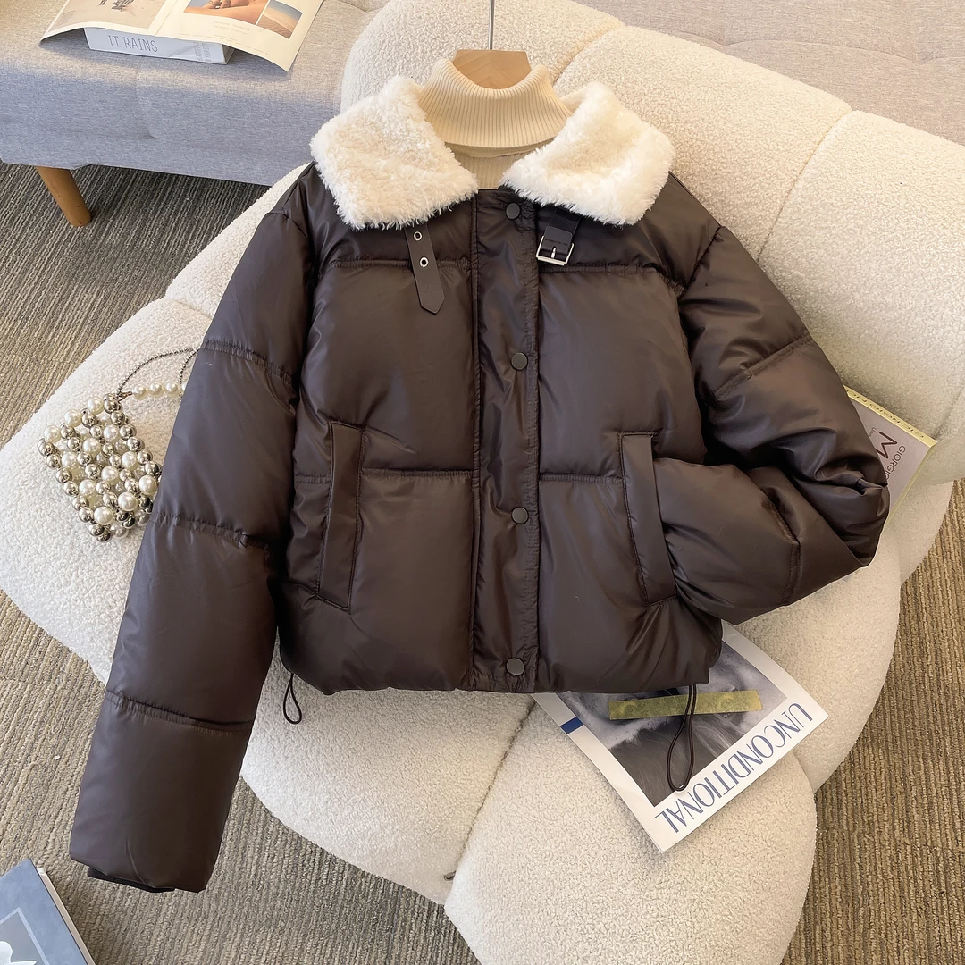 仿皮棉服女冬季2025新款今年爆款棉衣短外套羊羔毛娃娃领棉袄