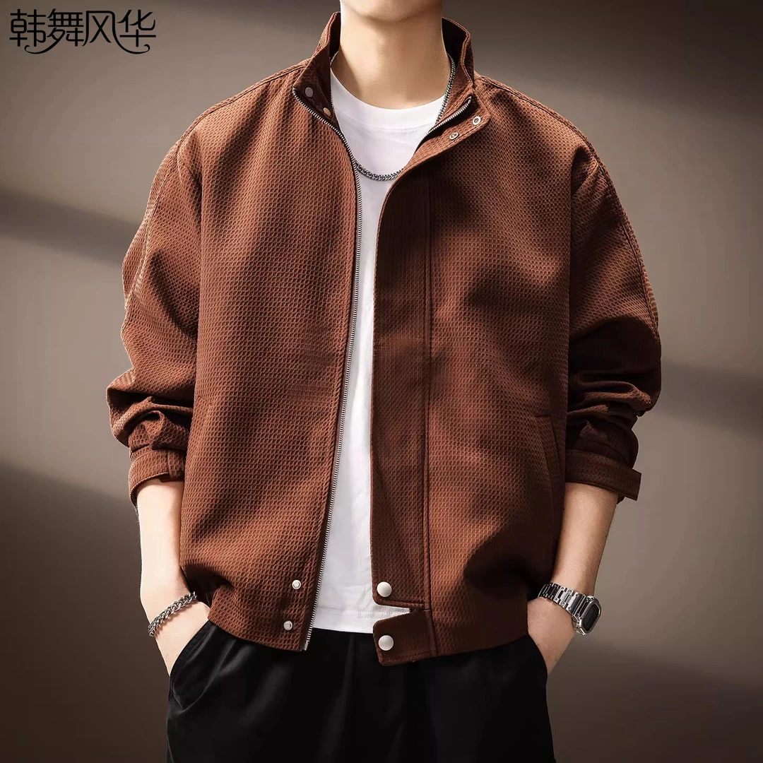 韩舞风华秋季立领夹克男士2025新款日系复古格纹宽松休闲长袖外套
