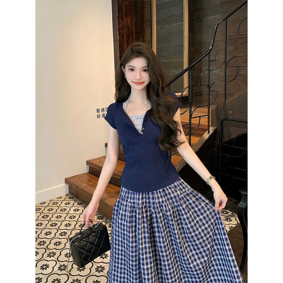 邓六六学院风复古收腰显瘦蓝色针织上衣韩系格纹半身裙两件套女夏