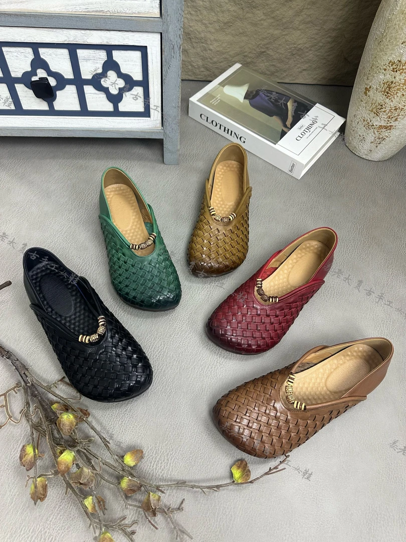 复古牛皮手工编织串珠浅口民族风女鞋