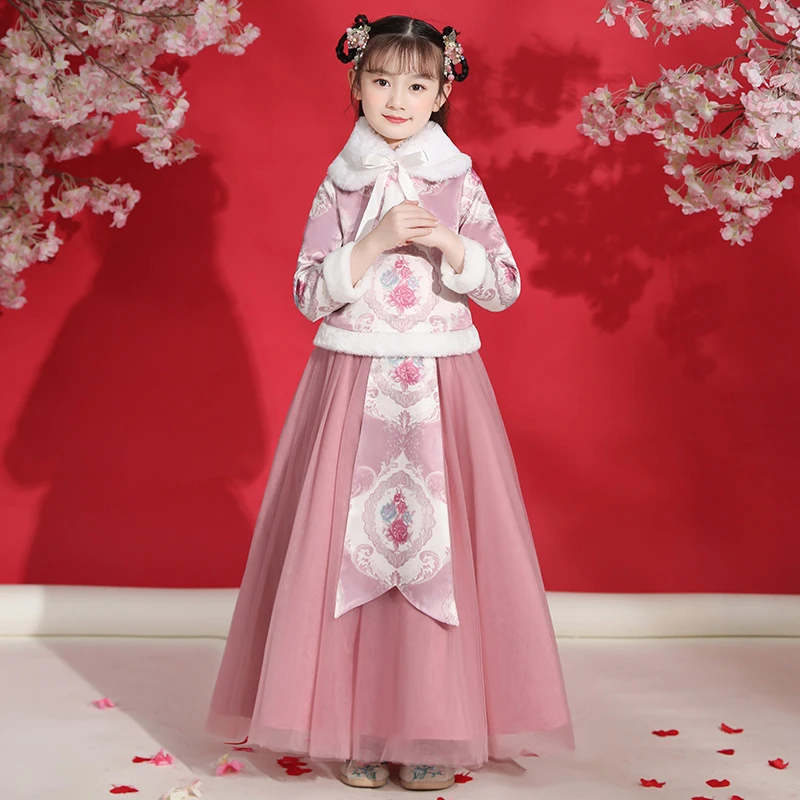 女童古装汉服古风秋冬装加厚超仙拜年服女孩儿童过年唐装风新年装