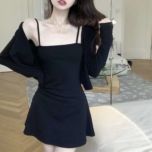 大码甜辣妹修身显瘦开衫吊带两件套女夏季新款小个子收腰A字短裙