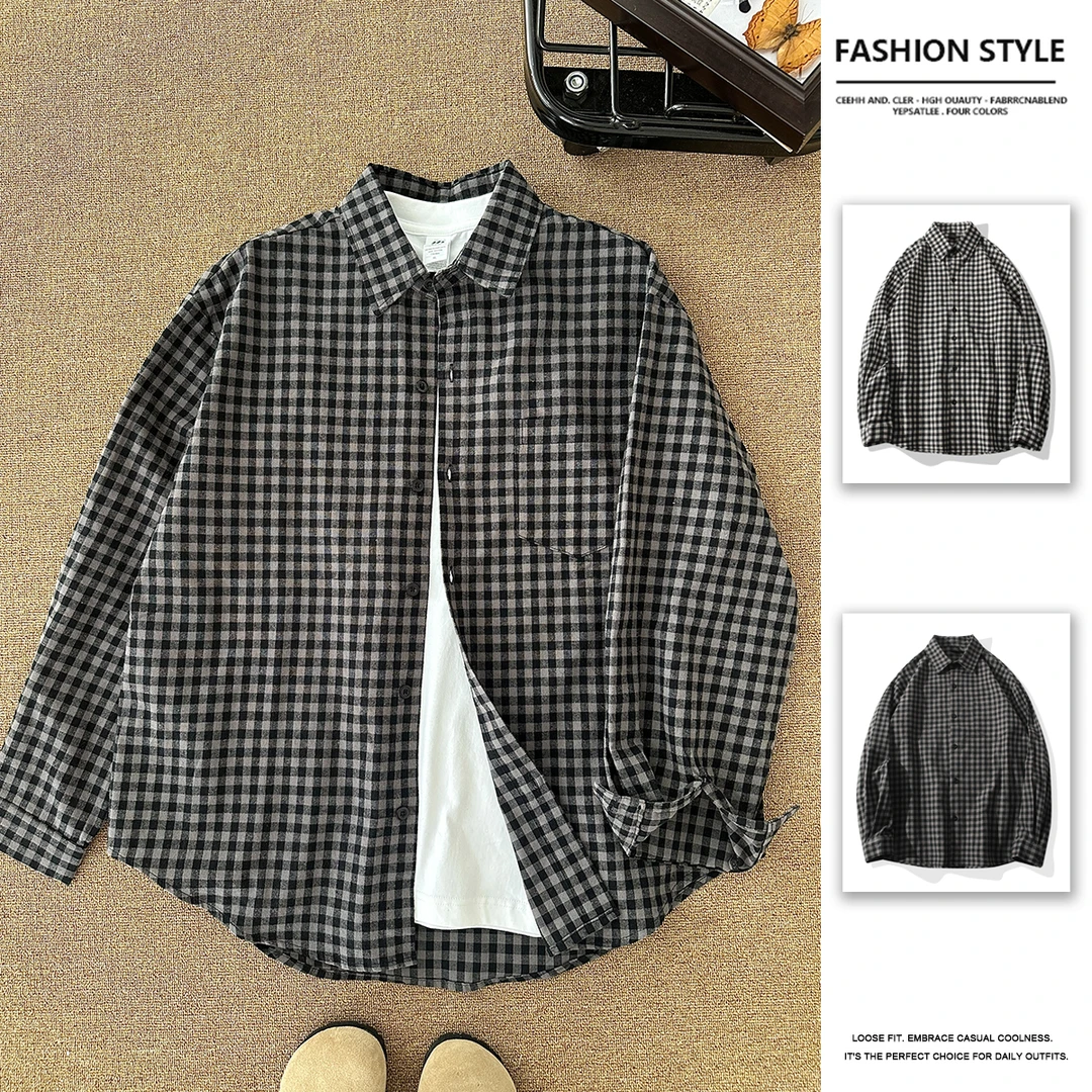 少年感格子衬衫氛围感黑白撞色衬衫夏季防晒外套宽松衬衫男款长袖