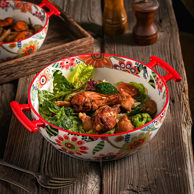 双耳圆形烤碗 微波炉烤箱 出口北欧家用汤碗陶瓷加厚