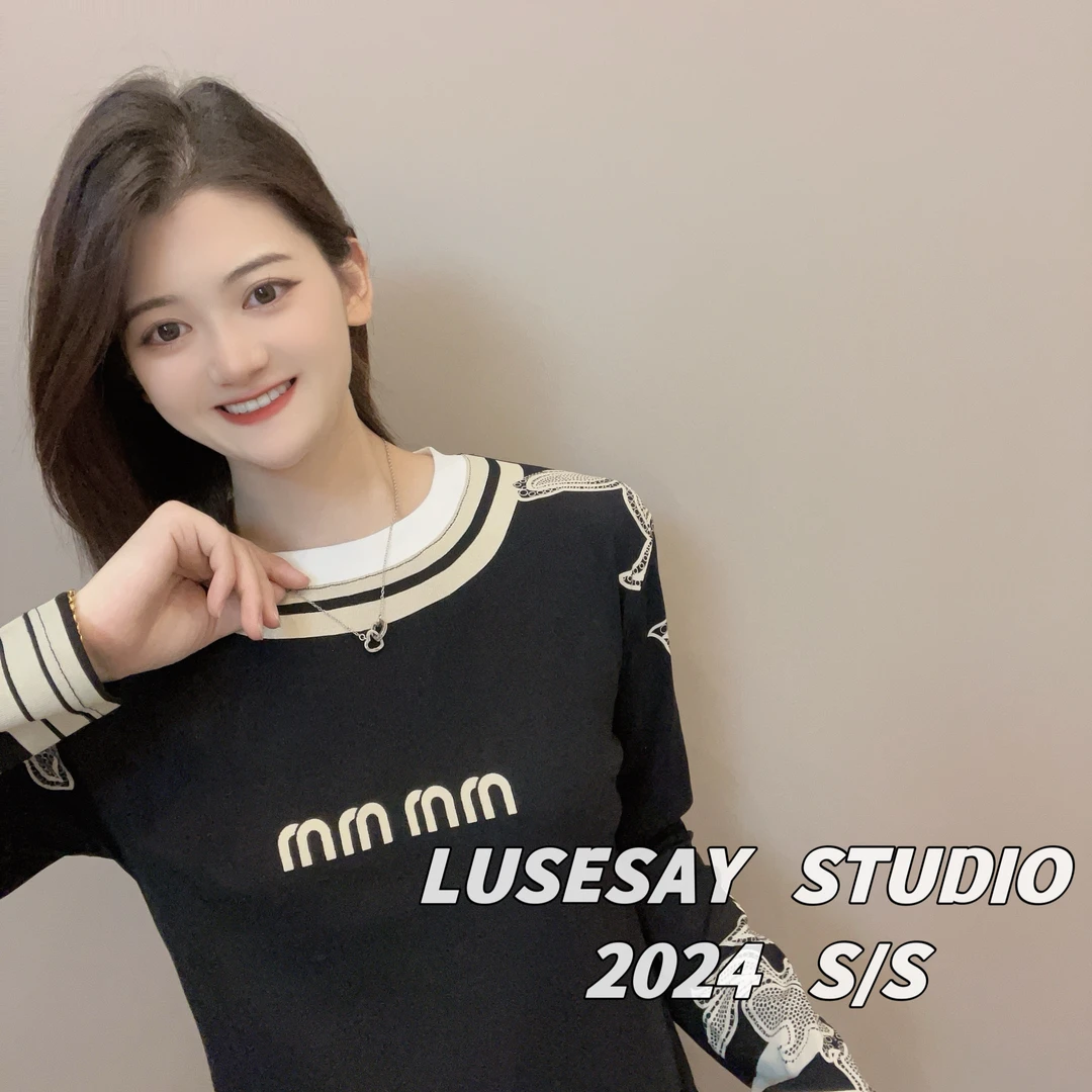 LUSESAY 设计感重工拼接 早秋2024新款 长袖t恤女百搭休闲上衣