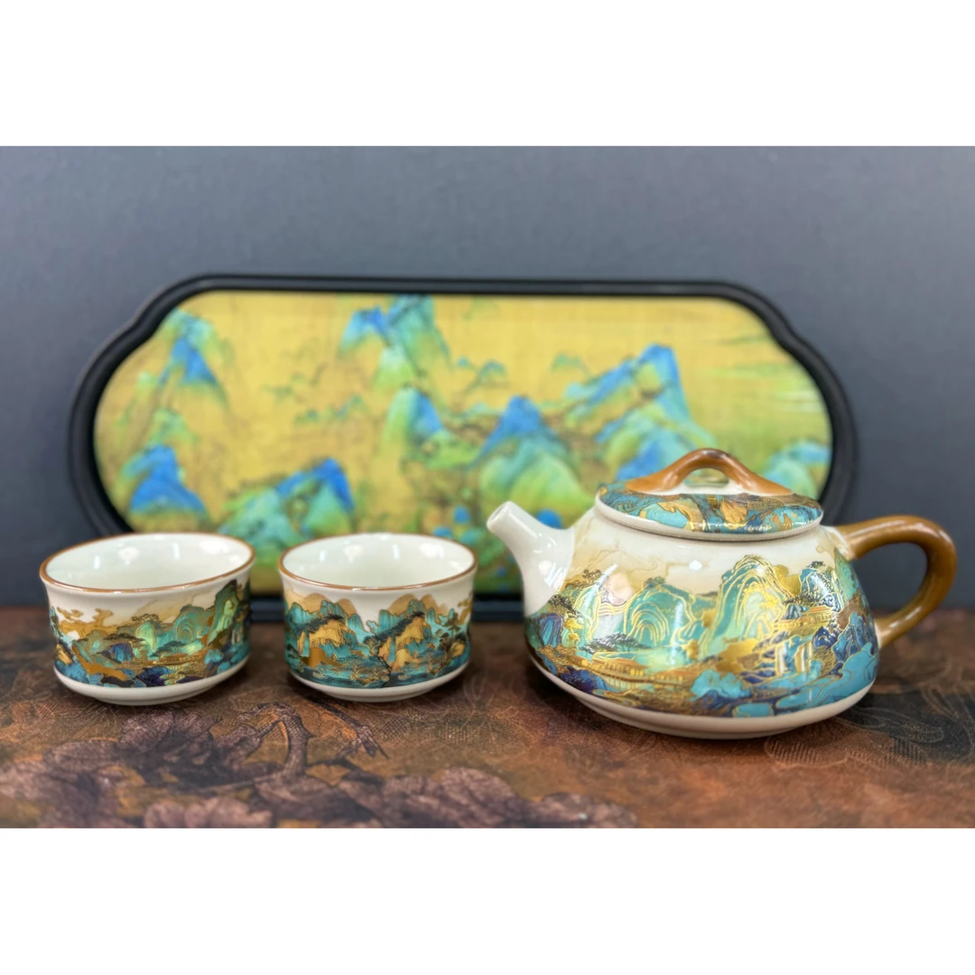 羽匠-米黄汝窑石瓢壶一壶两杯带茶盘576