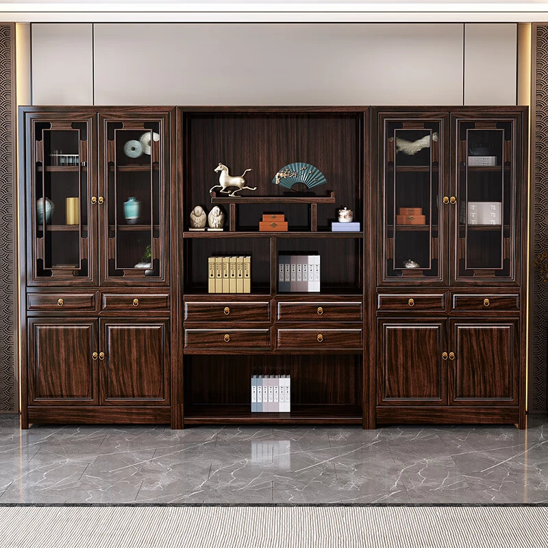 乌金木新中式实木书柜带玻璃门轻奢组合储物收纳带门置物柜书房