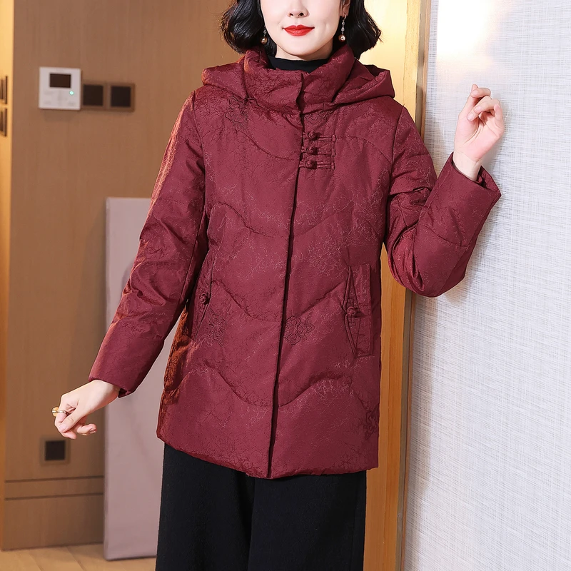 洛玺曼妈妈羽绒服冬装2025新款国风盘扣高贵气质喜婆婆外套女红色