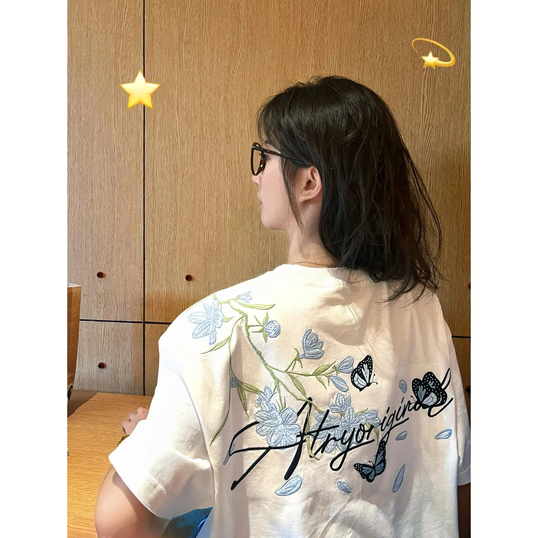 2025夏季新款蝴蝶字母花卉刺绣高级感短袖T恤女纯棉重磅情侣潮牌
