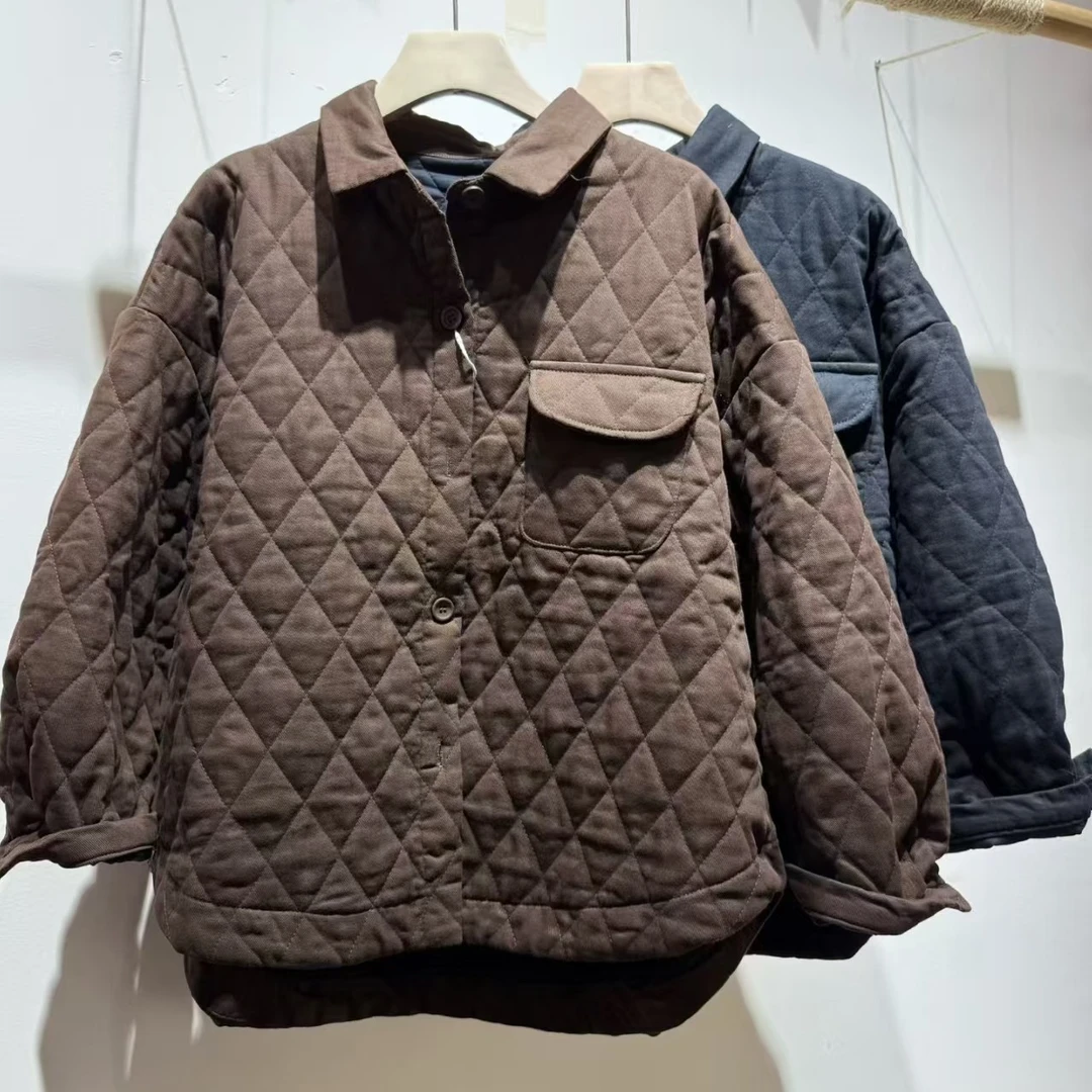 8501冬季新款斜纹麻菱形格加棉衬衫；衣长59-63