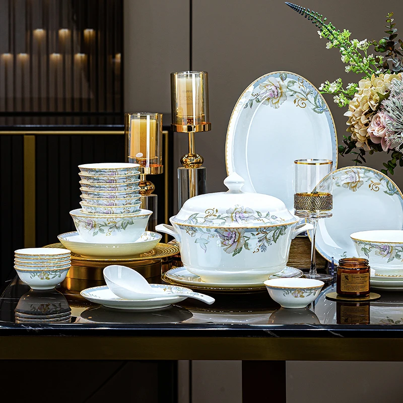 88头新中式景德镇陶瓷餐具套装轻奢高级感家用碗碟盘高档手工描金