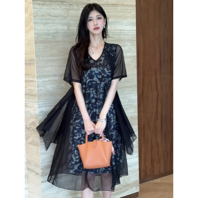 5266#妈妈夏装连衣裙时尚洋气宽松大码阔太太假两件春夏季长裙子
