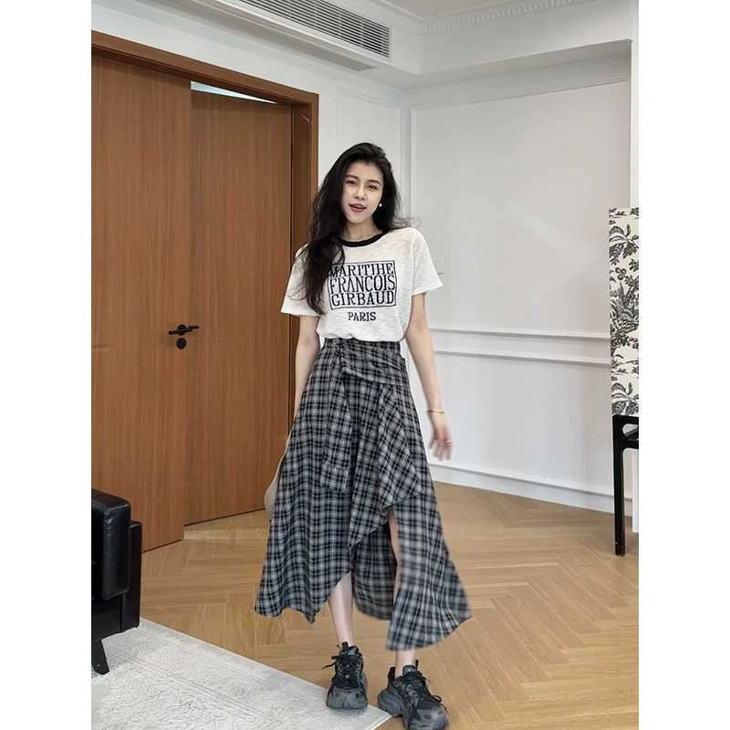 美式复古格子拼接短袖T恤女夏季新款设计感小众假两件半身裙套装