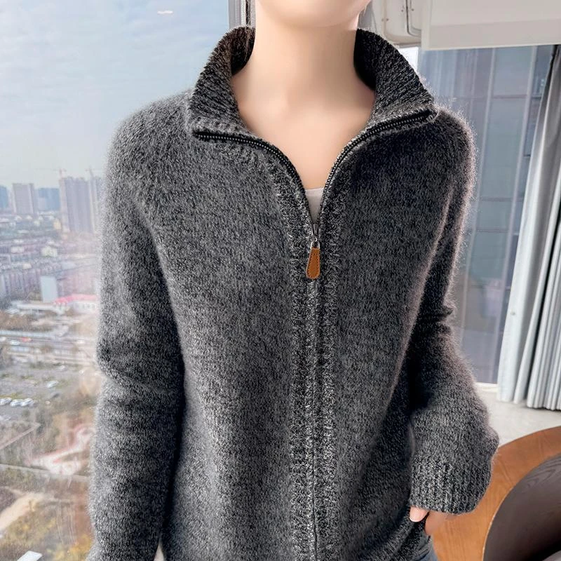 100%纯羊毛开衫女高领双拉链加厚花纱色外套毛衣宽松慵懒羊绒上衣