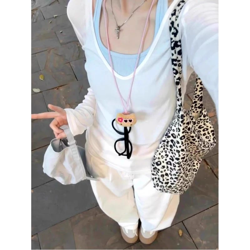 防晒罩衫女新款夏季长袖t恤衫正肩宽松显瘦吊带两件套设计感上衣